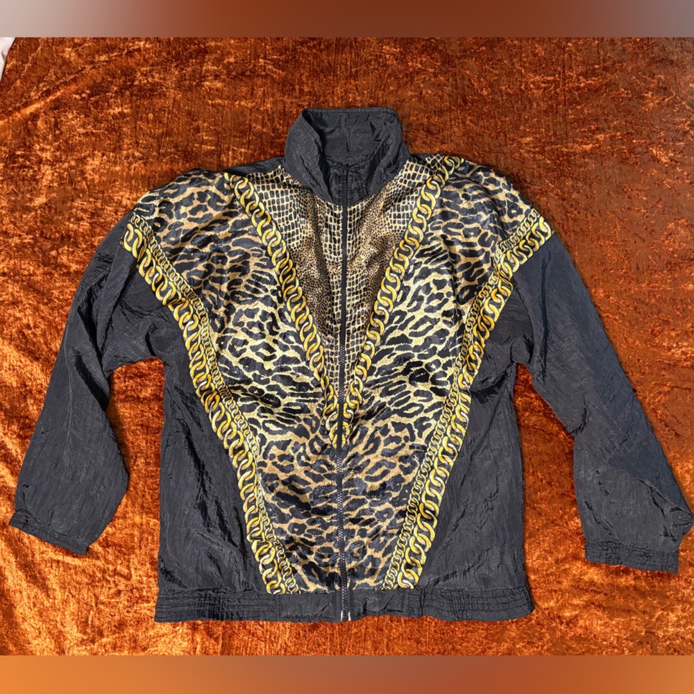 Vintage Animal Print Windbreaker with Gold Accents